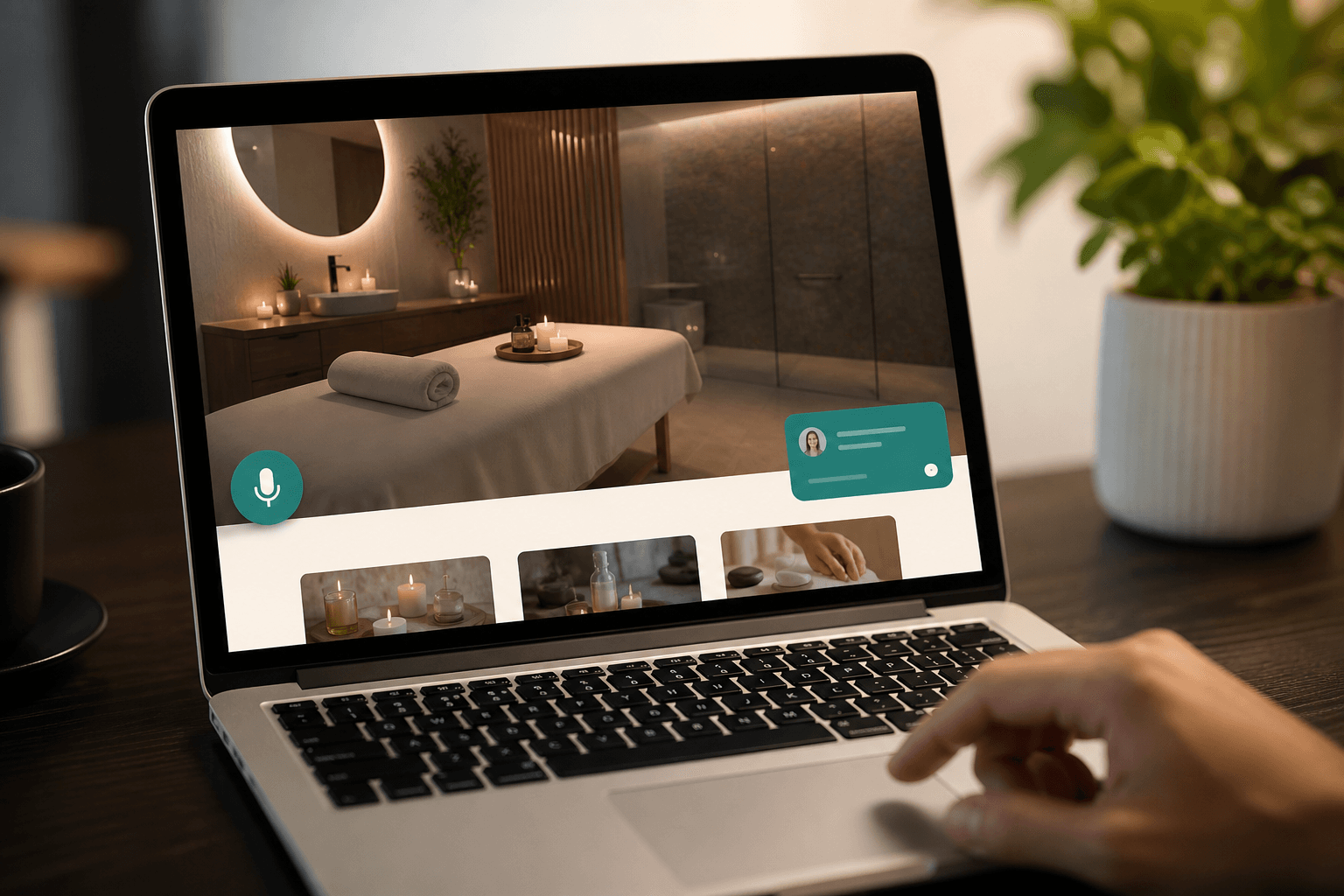 Laptop showing a business website with a teal chat widget and a circular AI voice button
