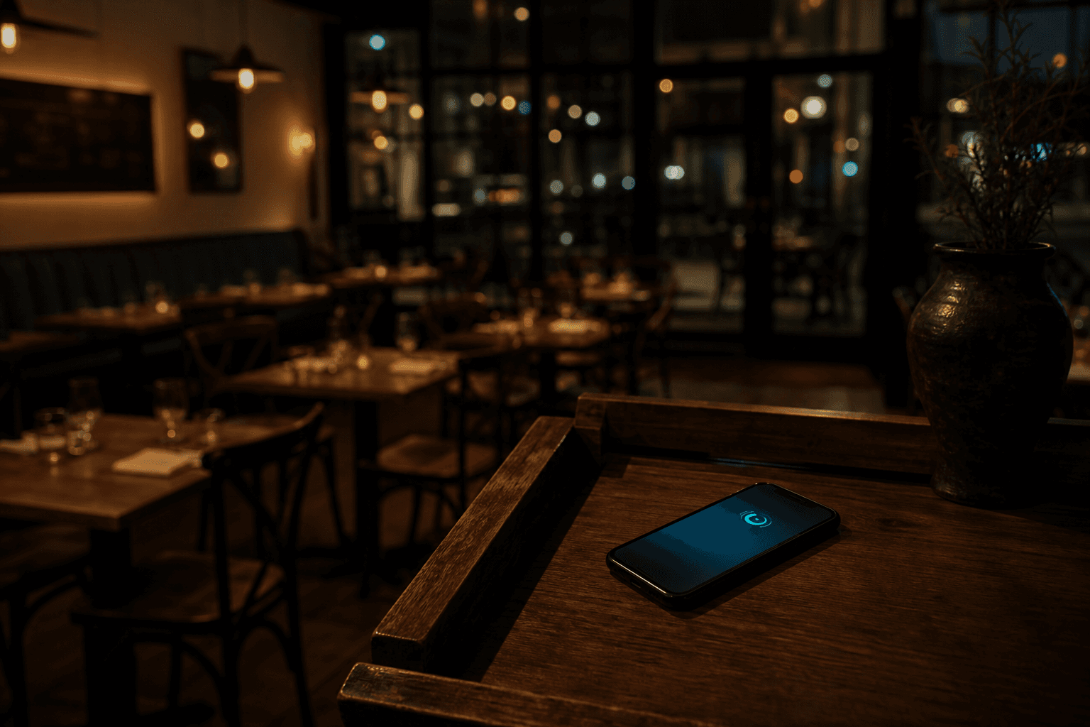Empty restaurant host stand at night with a ringing smartphone glowing teal