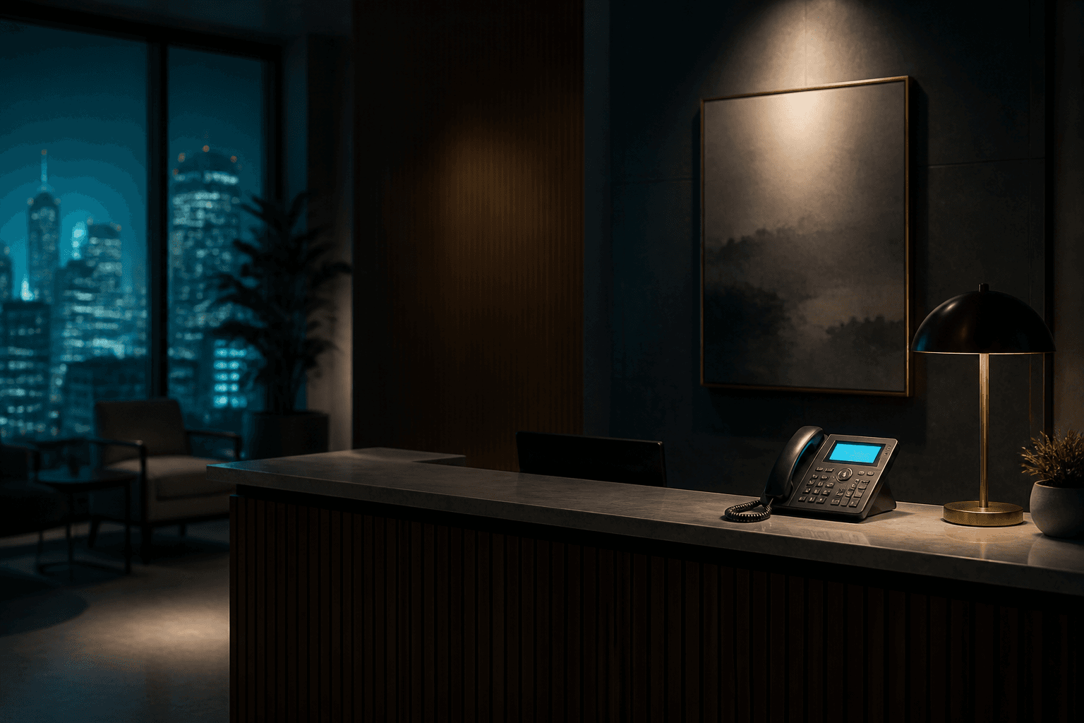 Empty reception desk at night with a glowing phone and soft city light