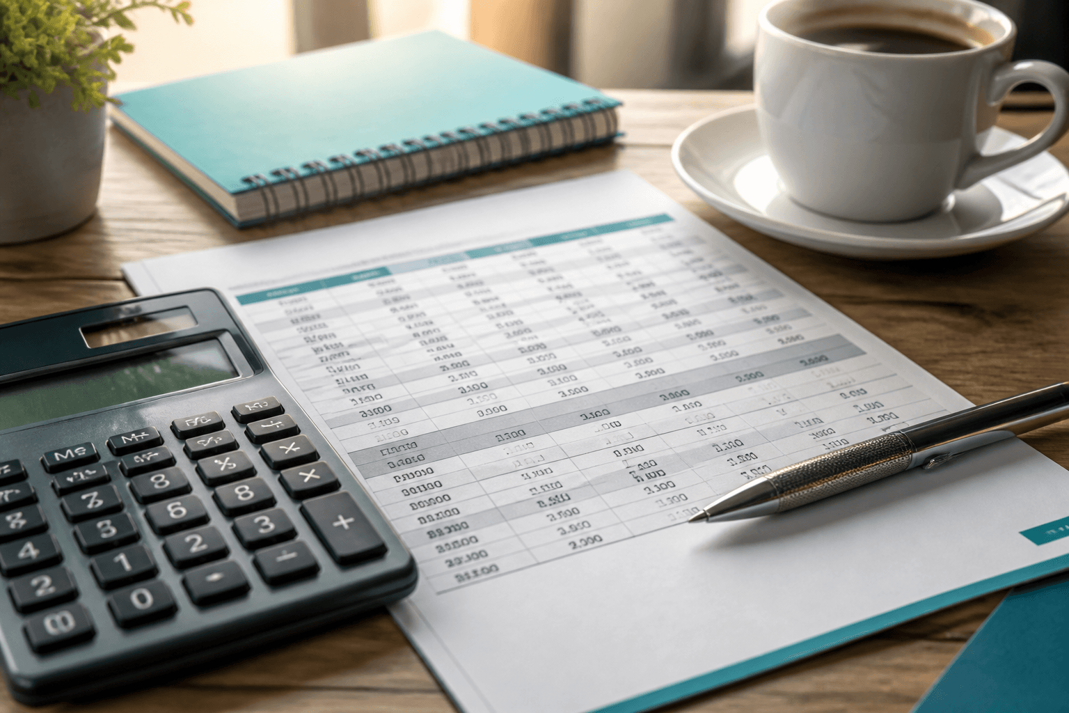 Notebook, calculator, and papers on a wooden desk in soft morning light