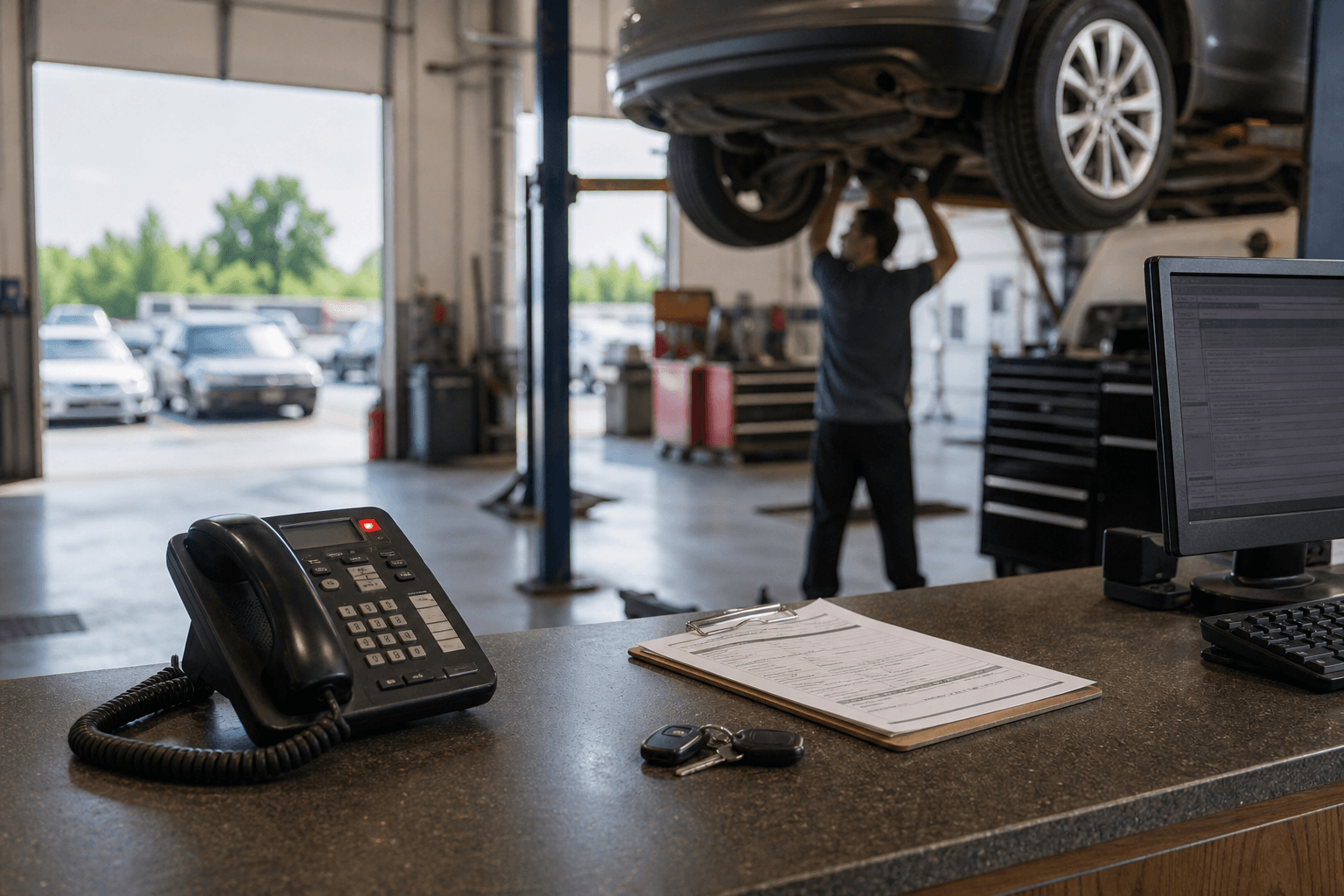 Auto shop counter with a ringing phone while a mechanic works under a car