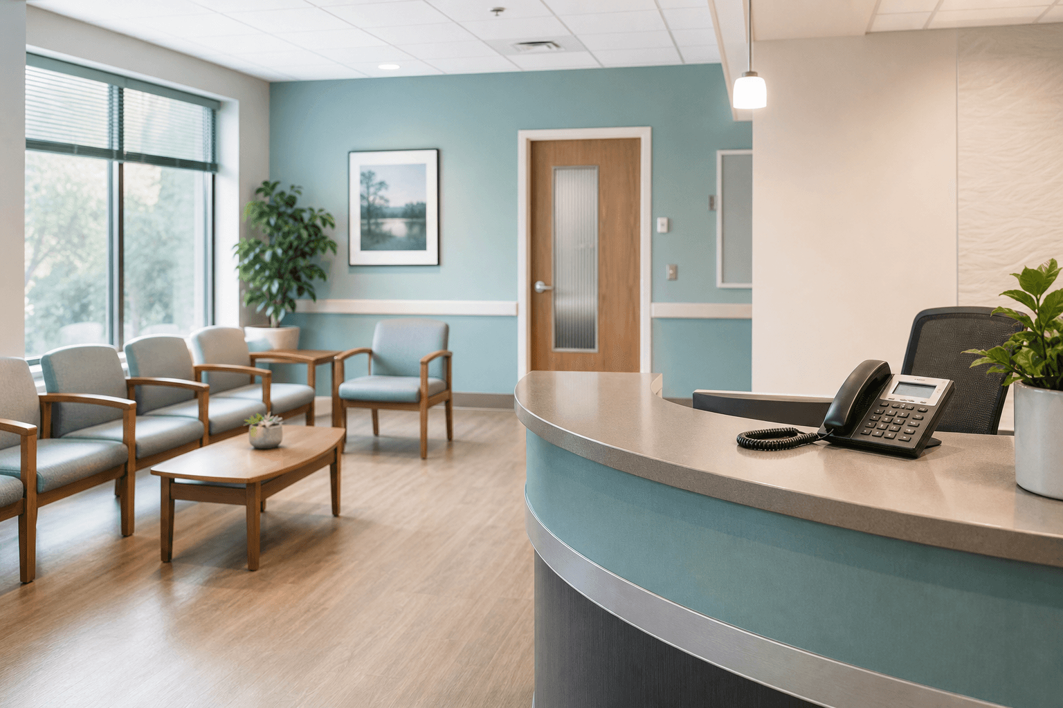 Clinic waiting room with a ringing reception phone while a consult door is closed