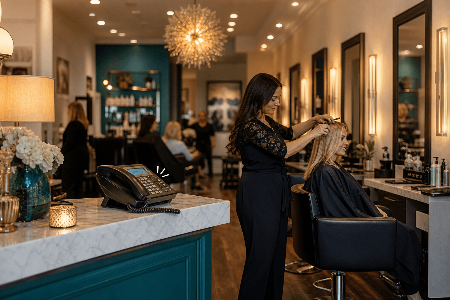 Busy salon reception with phone ringing while a stylist works with a client
