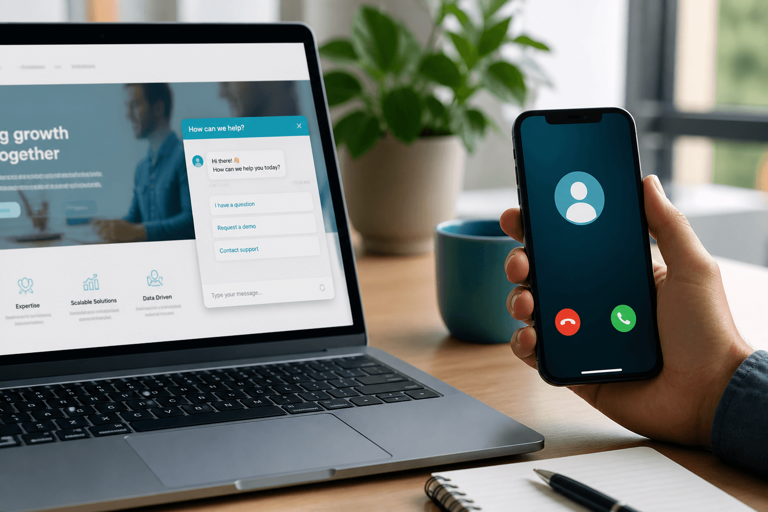 Laptop with website chat beside a smartphone showing an incoming business call on a desk