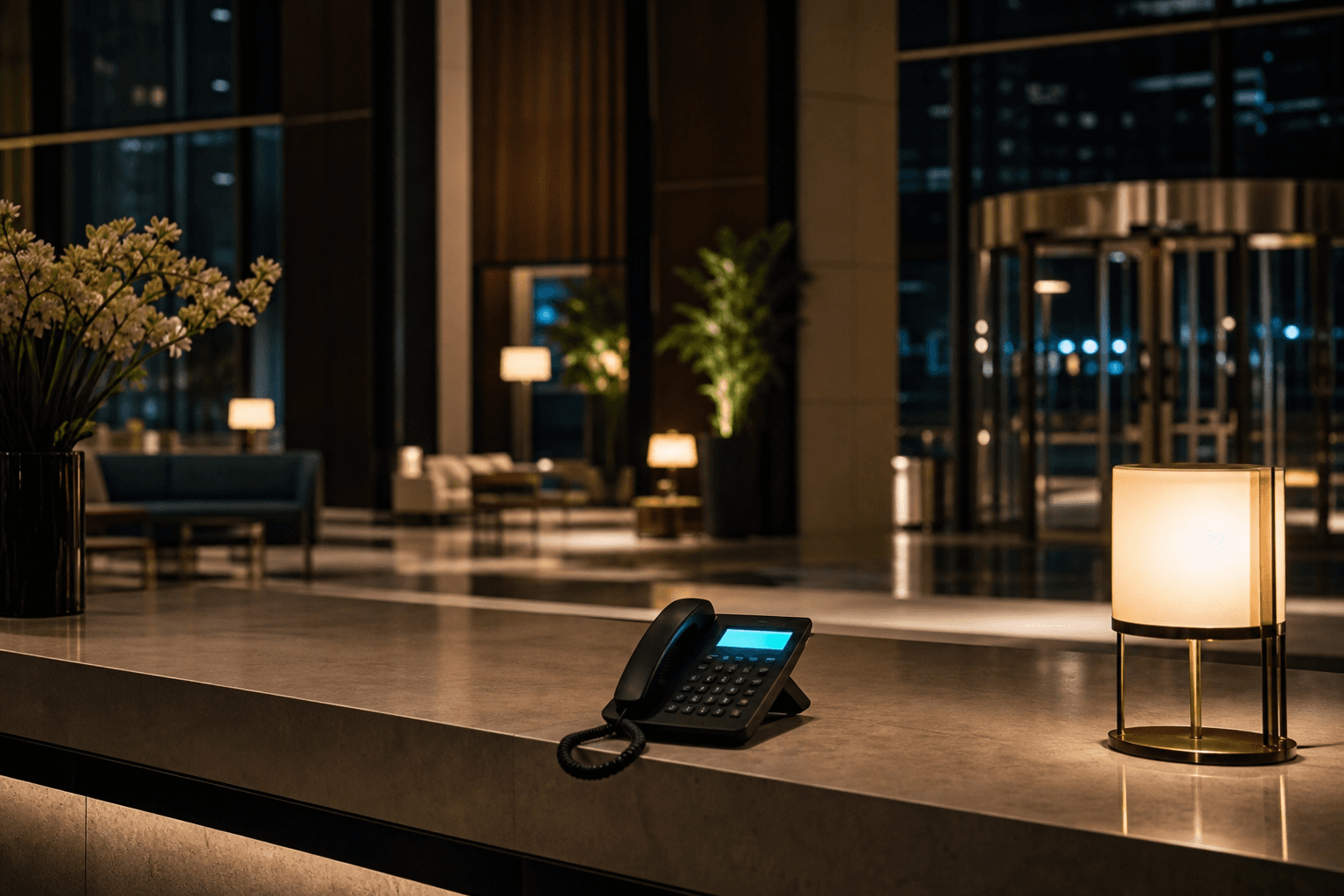 Empty hotel lobby front desk at night with a softly glowing phone