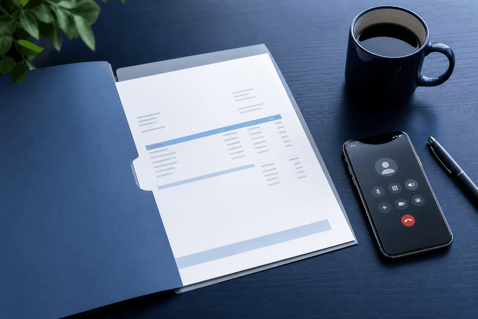 Desk with monthly invoice folder and smartphone showing an active call