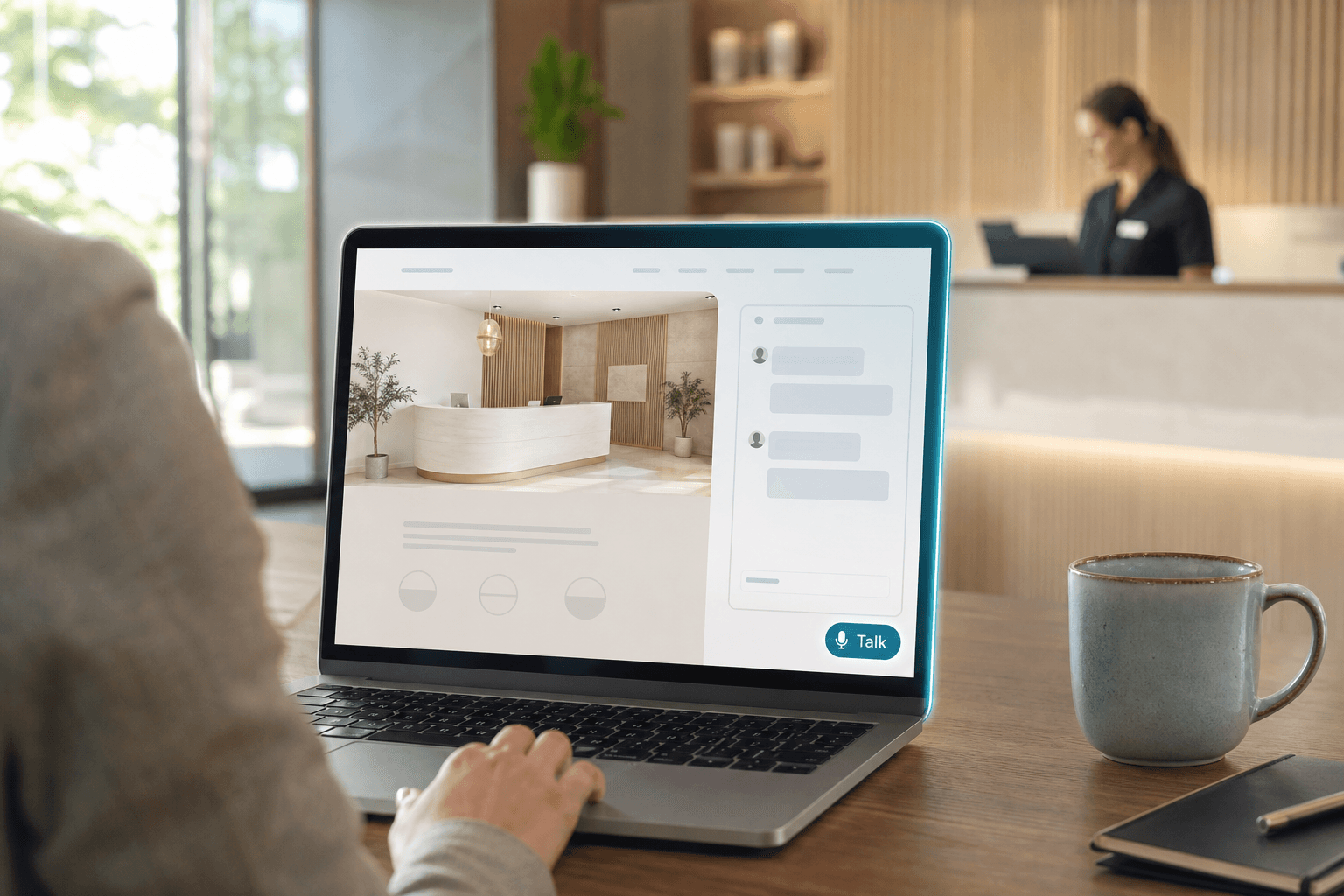 Laptop on a wooden desk showing a business website with chat and an AI voice button, soft daylight
