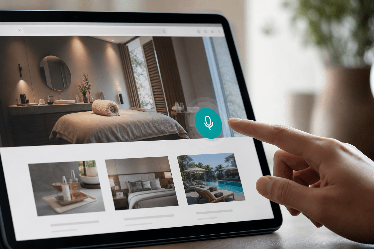 Hand hovering over a teal voice button on a business website shown on a tablet
