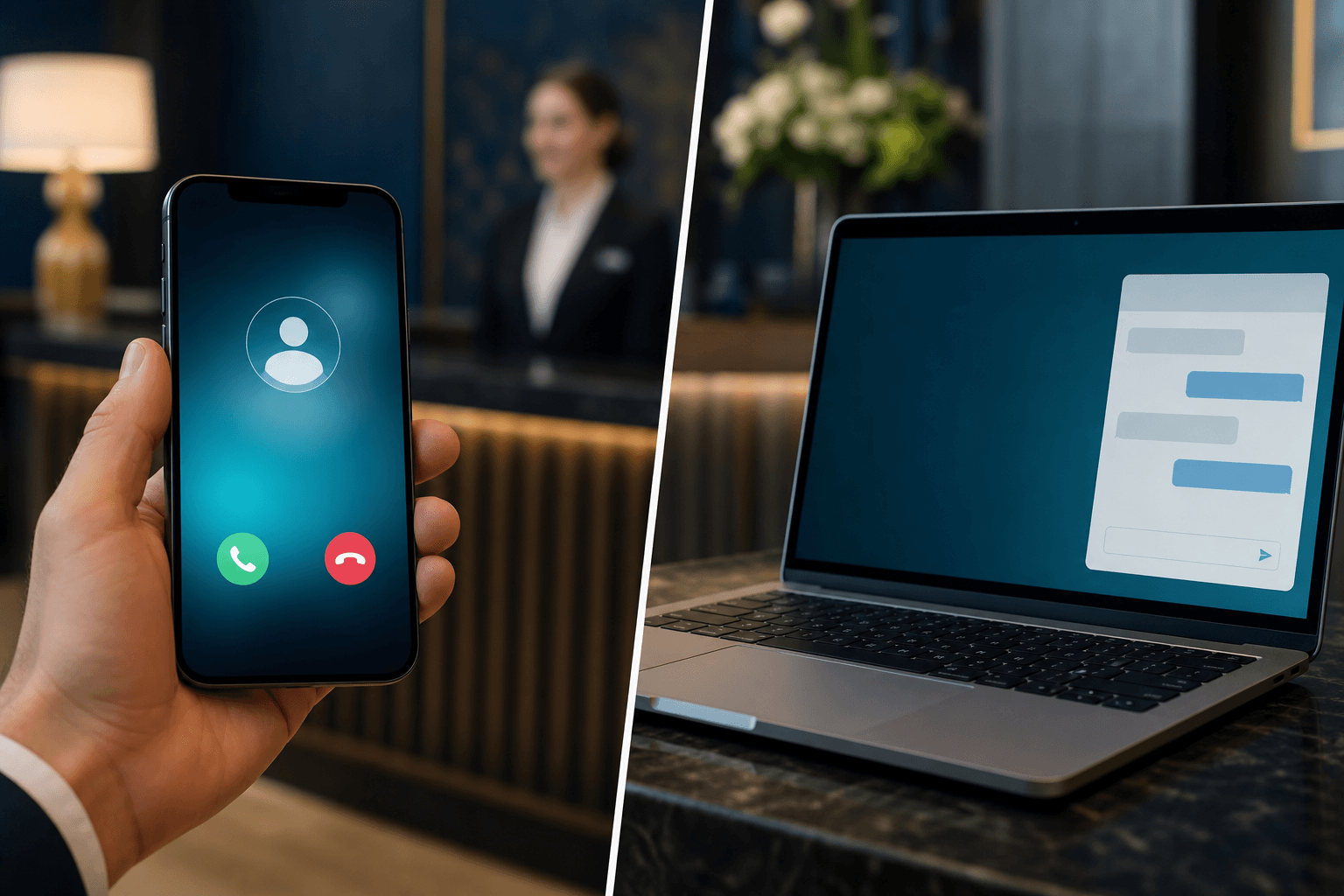Smartphone with an active call beside a laptop showing a faded chat widget