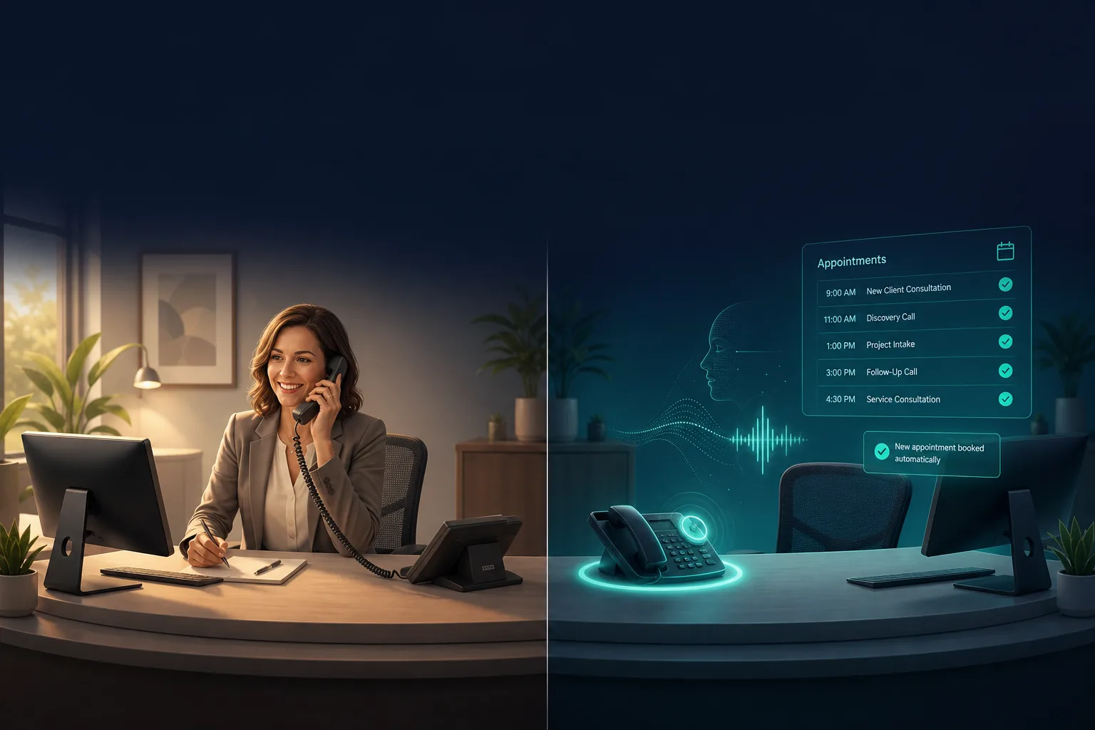 Reception desk covering website chat and on-site AI voice